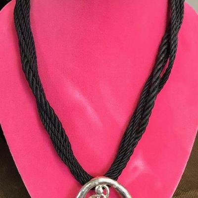 Lot#060 .925 Silver Choker Necklace Black thread and silver