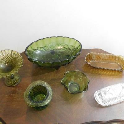 Lot 3:  Collection of Vintage Green, Amber, and Clear Glass