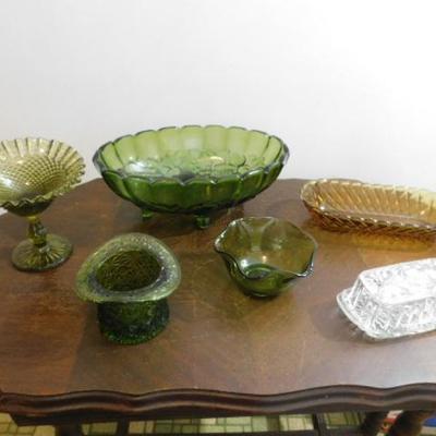 Lot 3:  Collection of Vintage Green, Amber, and Clear Glass