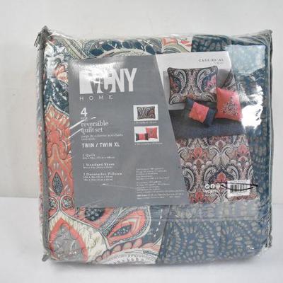 Twin/Twin XL Blue & Pink Bedding Set VCNY Home Casa Re`al 4 Piece Set - New