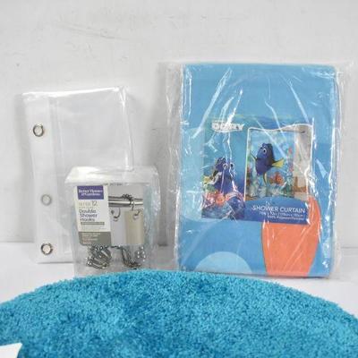 4 Pc Bath Lot: Finding Dory Shower Curtain, Liner, Hooks, & Lid Cover - New