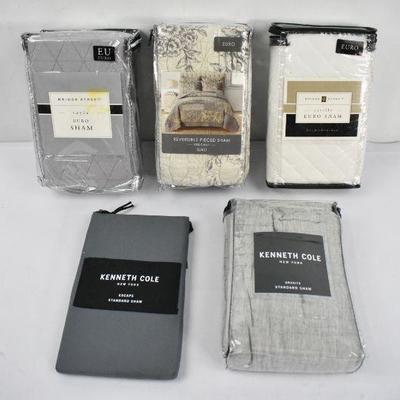 5 Pillow Shams: 3 Euro Size & 2 Standard Size: Tan & Gray - New