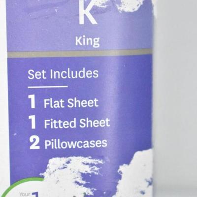 BH&G King Size Sheet Set, 300 TC, White with Blue & Dark Blue Design - New