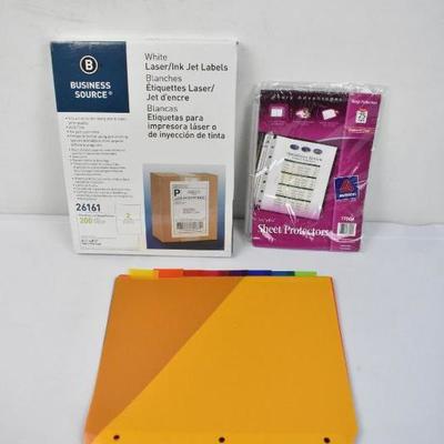 School/Office Supplies: 8 Dividers, Page Protectors, Box of Labels - New