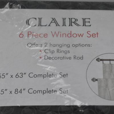 6 Pc Window Curtain Set by Claire: Panels, Valance, Panel, Tiebacks, Ivory - New