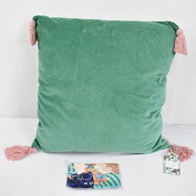 Green Pillow with Pink Tassels by Drew Barrymore Flower Home - New