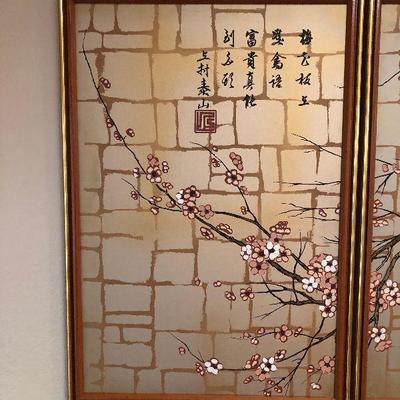 Lot#186 Asian Cherry Blossom & Birds Tryptic 3Panel Painting