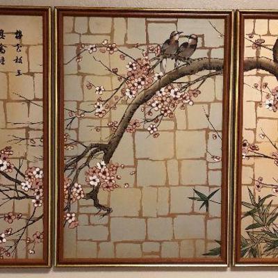 Lot#186 Asian Cherry Blossom & Birds Tryptic 3Panel Painting