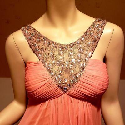 Cache' Rhinestone beaded Grecian Peach pleated maxi gown -S 