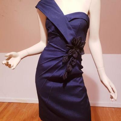 Mieka Couture one shoulder navy dress black flower 3D Applique'