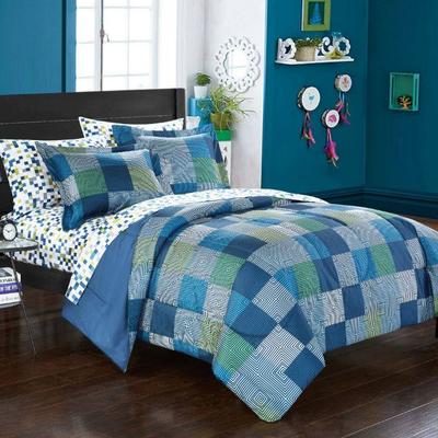 Full Size Comforter Set, 7 Pieces, Navy, Blue, Gray & Green Geometric - New