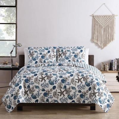 VCNY Home 3 Piece Reversible Quilt Set: Antigua White/Blue/Brown Beachy - New