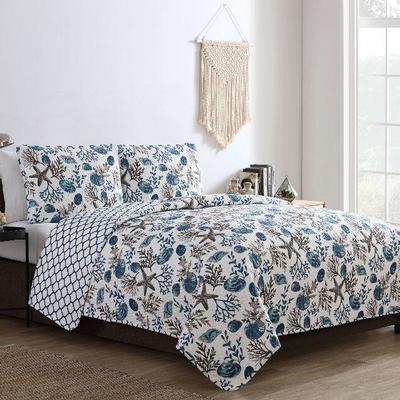 VCNY Home 3 Piece Reversible Quilt Set: Antigua White/Blue/Brown Beachy - New