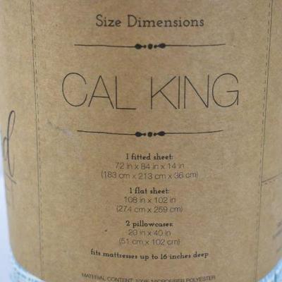 California King Patterned Sheet Set 4 Piece, Blue & Cream - New