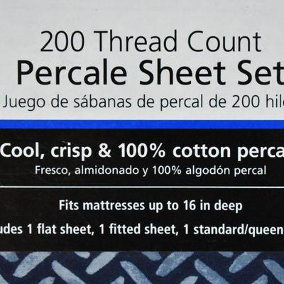 Twin Size Sheet Set, 200 Thread Count, Navy & Blue Herringbone Design - New