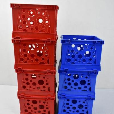7 Micro Crates by Storex: 4 Red & 3 Blue - New