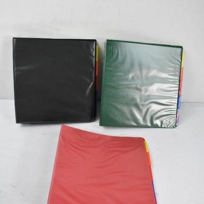 3 Binders, Two-Inch Size with Pocket Dividers: Green, Black, & Red - New