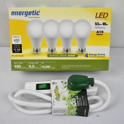 4 Energy Saving Light Bulbs & 1 Power Strip - New