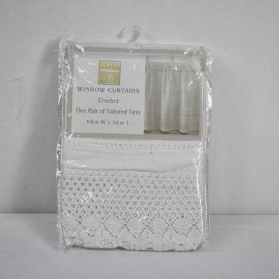 Window Curtains, Crochet, White, One Pair of Tailored Tiers, 58