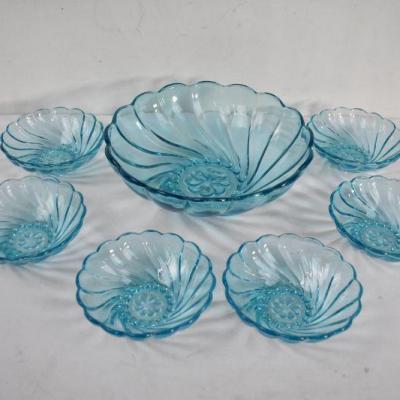 VIntage 7 Piece Blue Glass Bowls Set: 1 Large & 6 Small