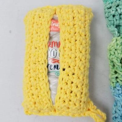 Knitted/Crocheted Goods Lot: 2 Kitchen Towels, Headband, Tissue Holder, etc.