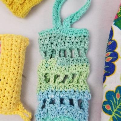 Knitted/Crocheted Goods Lot: 2 Kitchen Towels, Headband, Tissue Holder, etc.