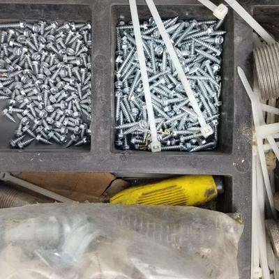 Misc. Hardware Lot: Screws, Zip Ties, Nails, etc in a Sorting Tray