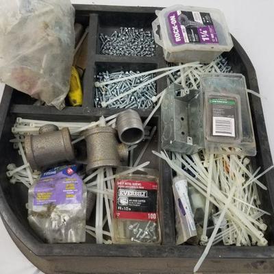 Misc. Hardware Lot: Screws, Zip Ties, Nails, etc in a Sorting Tray