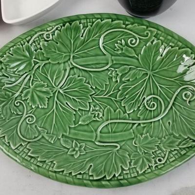 Various Ceramic Dishes Lot: Serving Dishes, Tea Pot, Green Platter (Repaired)