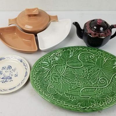Various Ceramic Dishes Lot: Serving Dishes, Tea Pot, Green Platter (Repaired)
