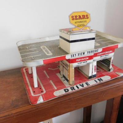 Vintage Tin Sears Automotive Center Die Cast Car Play Set