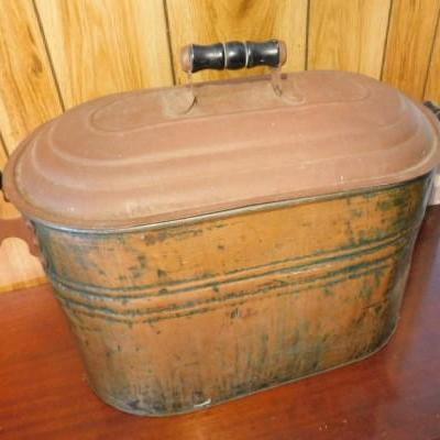 Antique Copper Boiler Wash Tub with Lid  and Wood Handles