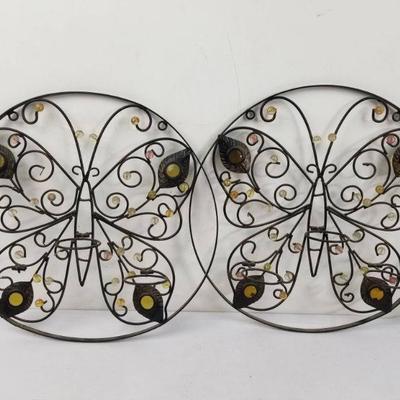 Two Metal Butterfly Candle Holders - 1 Slightly Damaged