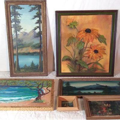 202 - Pictures: Trees, Sunflowers signed Arla, Beach signed Susan Hutenlocher