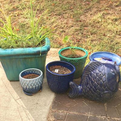 Lot 97 - 6 Blue Ceramic Planters, Birdbath and Fish