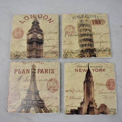 4 Drink Coasters: Ceramic with Cork: London, Italy, Paris, & New York