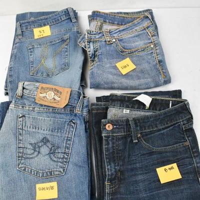 4 Pair Women's Jeans: Bebe Sz 27, Miss Chic Size 5, Lucky Size 6/28, Gap 8 Tall