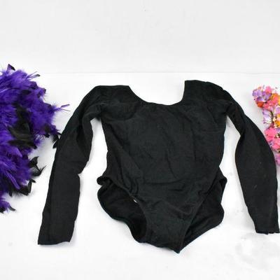 Black Long Sleeve Leotard, Adult XL with Purple/Black Feather Boa, & Floral Lei