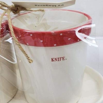 Rae Dunn Red & Cream Ceramic Utensil Holders, Spoon/Fork/Knife
