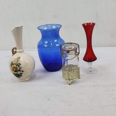 3 Vases & Wheaton Jar w/ Holder, Blue Vase, Red Small Vase & Floral Vintage Vase