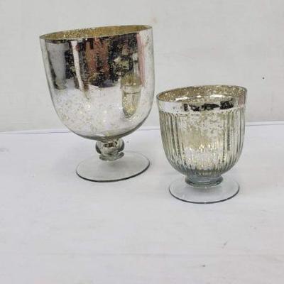 2 Silver Platinum Glass Jars, Pedestal Shape