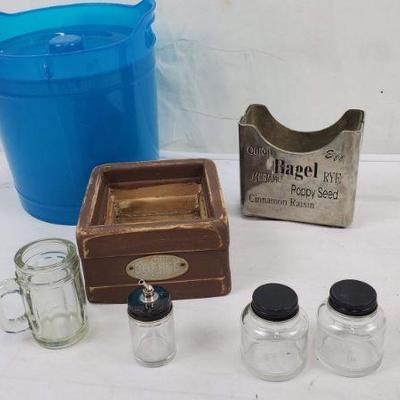 Various Kitchen Items: Ice Bucket, Coffee Crate, Mini Glass Bottles, Mini Stein