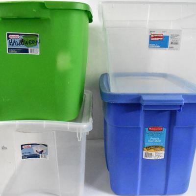 4 Storage Bins: Green No Lid, Clear No Lid, Clear White Lid, and Blue with Lid