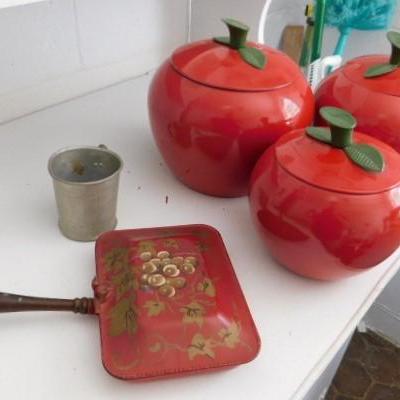 Vintage Collection Metal Apple Canisters and Bed Warmer