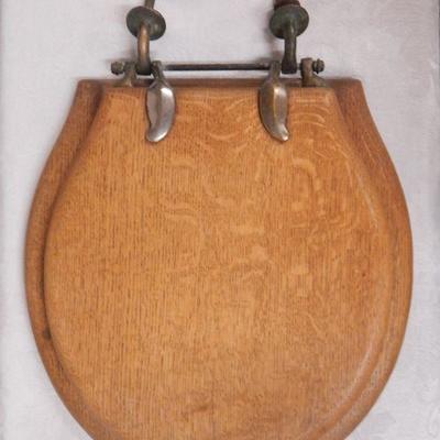 Vintage Oak Toilet Seat w/ Lid - Brass Fittings - Seat is Cracked