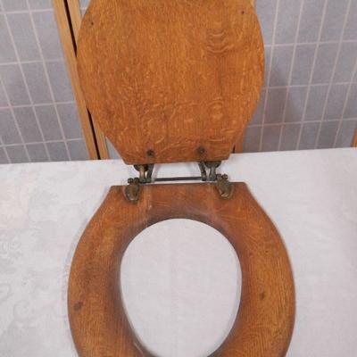 Vintage Oak Toilet Seat w/ Lid - Brass Fittings - Seat is Cracked