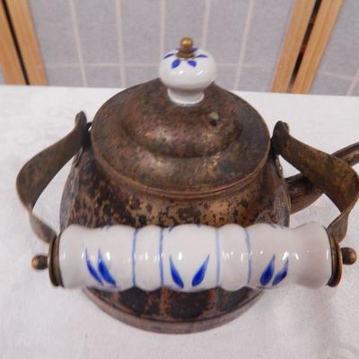 Metal Tea Kettle w/ White & Blue Ceramic Handle