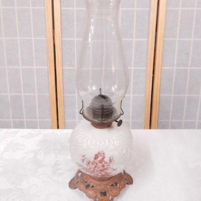 Antique Kerosene Oil Lamp - White Glass w/ Brown Painted Girl w/ Flowers