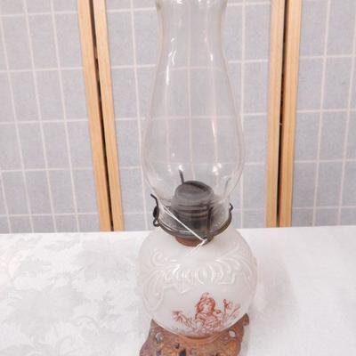 Antique Kerosene Oil Lamp - White Glass w/ Brown Painted Girl w/ Flowers