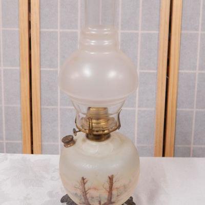 Antique Kerosene Oil Lamp - Cream Glass w/ Painted River Scene